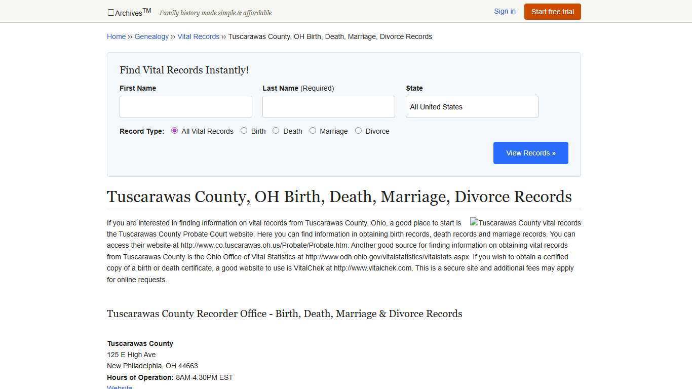 Tuscarawas County, OH Birth, Death, Marriage, Divorce Records