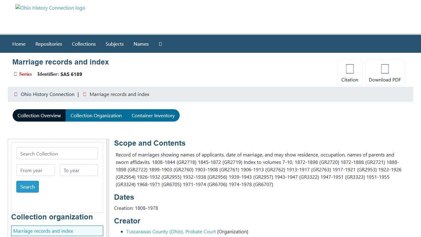 Collection: Marriage records and index | Ohio History Connection - ArchivesSpace